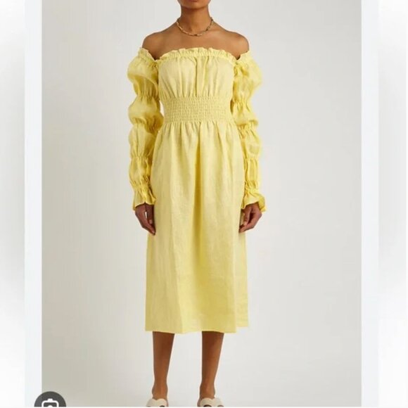 Sleeper Linen Michelin Off-Shoulder Midi Dress in Yellow - Size L - Picture 5 of 10